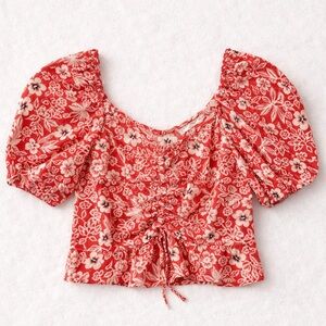 B.O.G Collective Red Floral Puff Sleeve Crop Top Size Medium Ruched Cottagecore